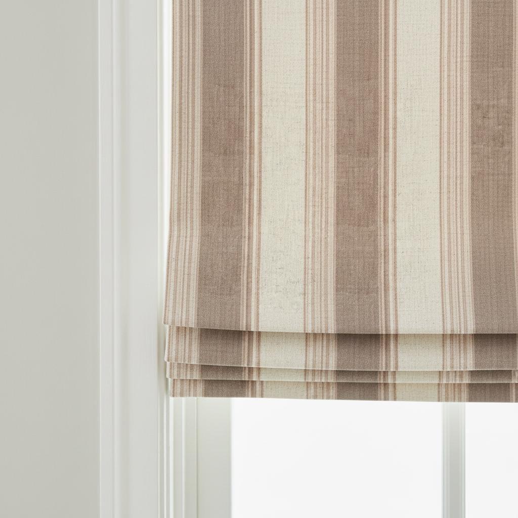 Farmhouse Stripe Roman Shade - Organic Linen with Blackout or Light-Filtering - Natural Flax, Beige & Mud — image 5