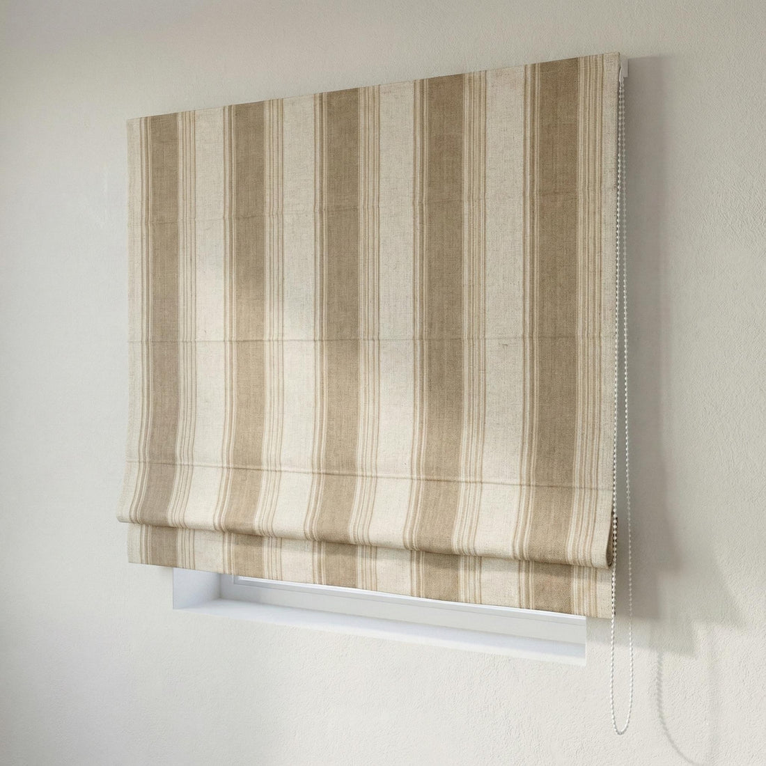 Custom Farmhouse Stripe Roman Shade: Organic Linen, Taupe & Beige — image 1