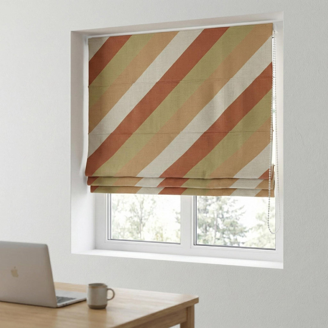 Terracotta Stripe Linen Roman Shade | Custom Corded Blind, OEKO-TEX — image 1