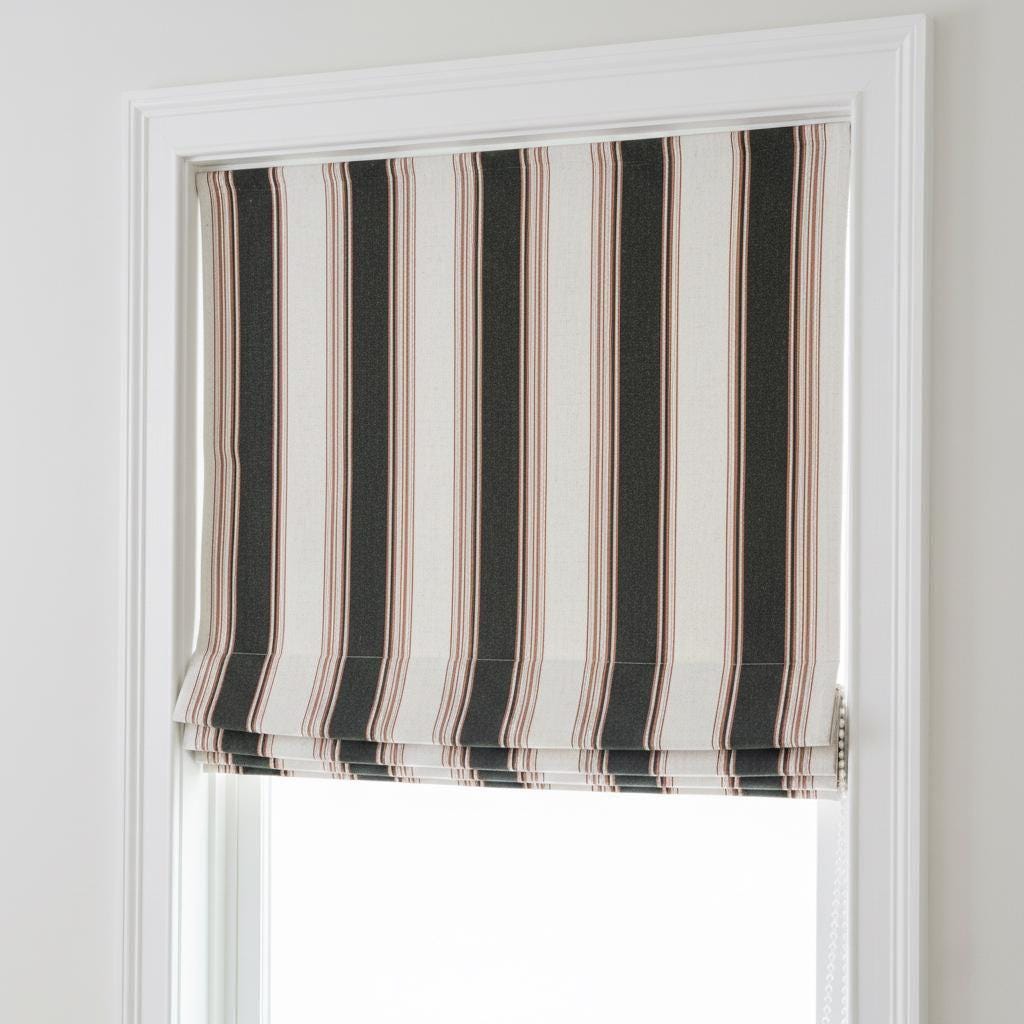 Farmhouse Stripe Roman Shade, Organic Linen (Blackout or Light Filtering) - Natural Flax | Forest Green — image 1