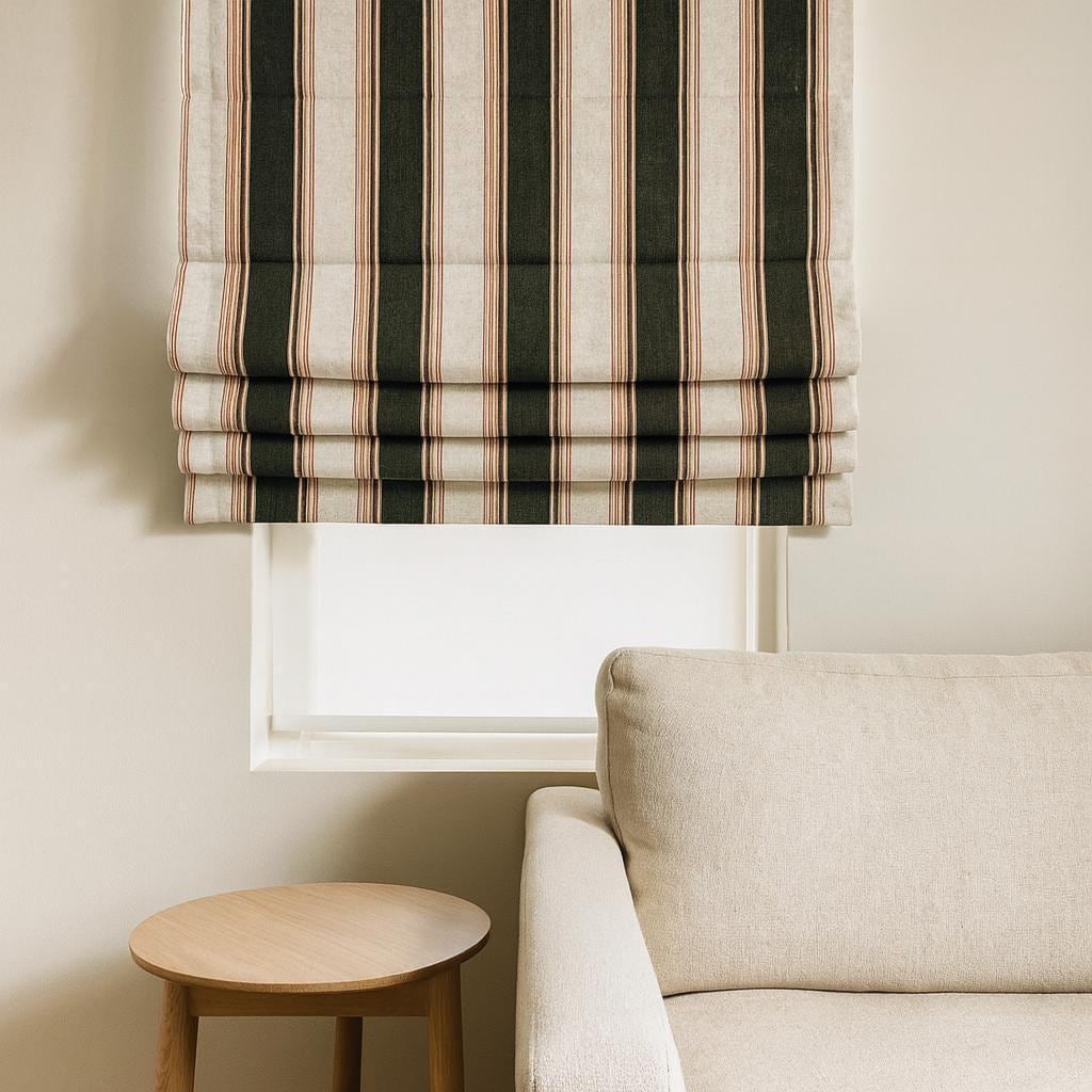 Farmhouse Stripe Roman Shade, Organic Linen (Blackout or Light Filtering) - Natural Flax | Forest Green — image 1