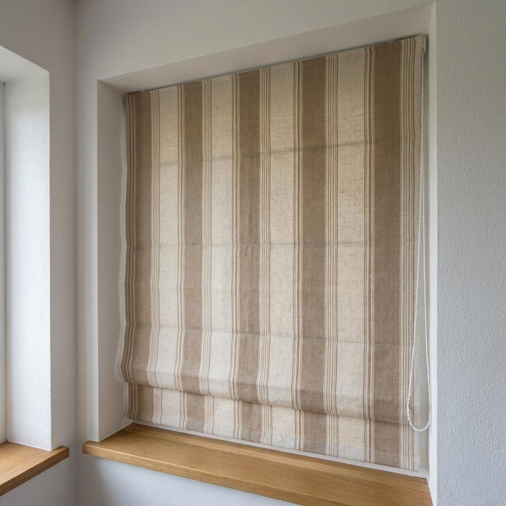 Custom Farmhouse Stripe Roman Shade: Organic Linen, Taupe & Beige — image 6