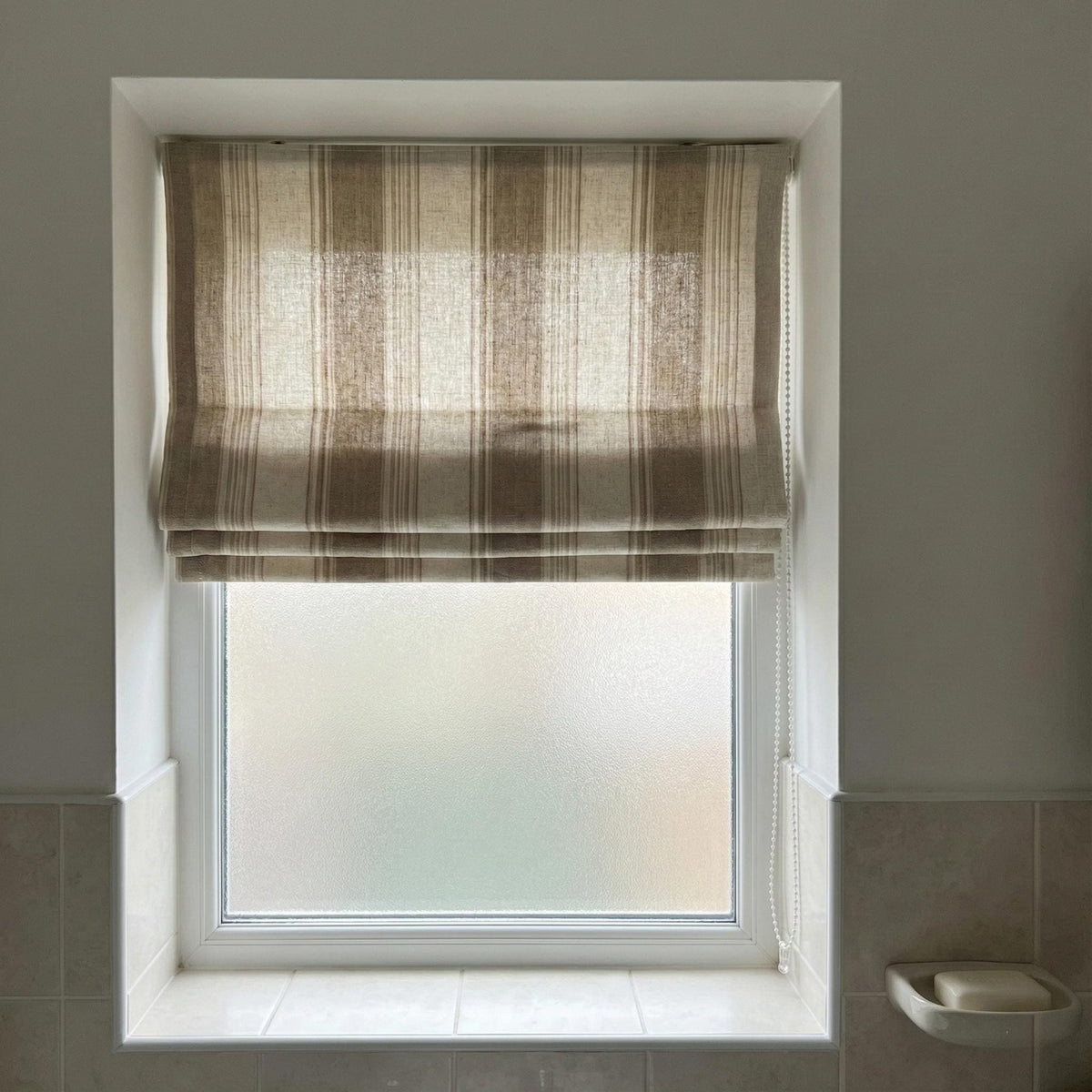 Custom Farmhouse Stripe Roman Shade: Organic Linen, Taupe & Beige — image 7