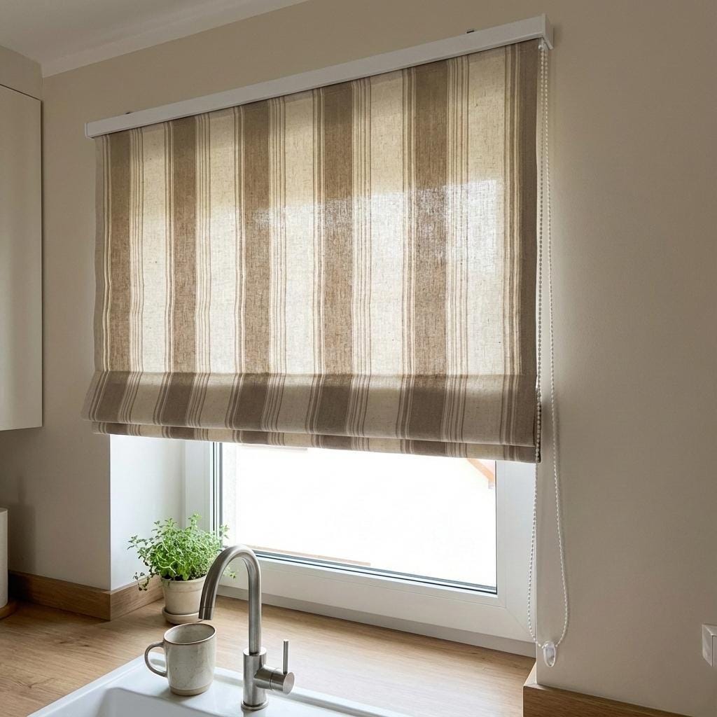 Custom Farmhouse Stripe Roman Shade: Organic Linen, Taupe & Beige — image 8