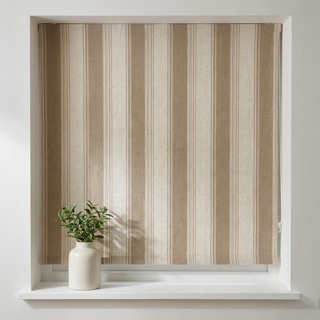 Custom Farmhouse Stripe Roman Shade: Organic Linen, Taupe & Beige — image 1