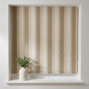 Custom Farmhouse Stripe Roman Shade: Organic Linen, Taupe & Beige — image 1