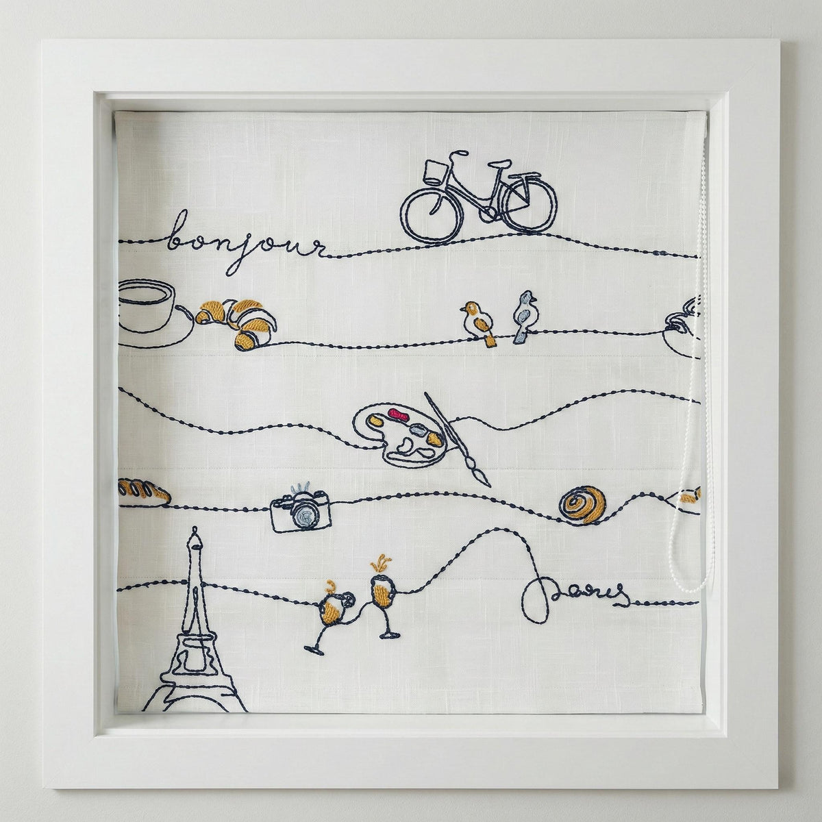 Paris Embroidered Linen Roman Shade, Bonjour Nursery Blind, Custom Corded Shade — image 1