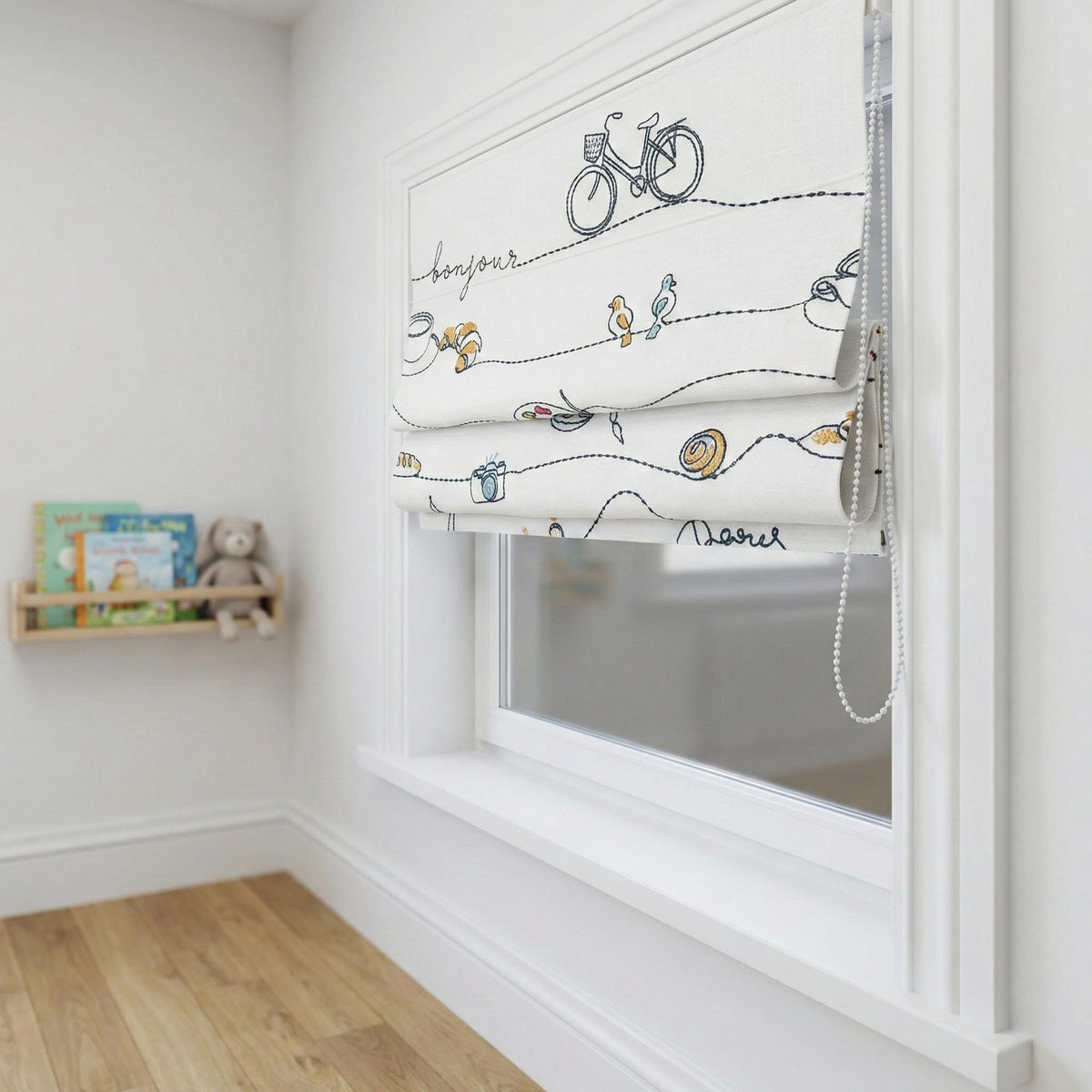 Paris Embroidered Linen Roman Shade, Bonjour Nursery Blind, Custom Corded Shade — image 3
