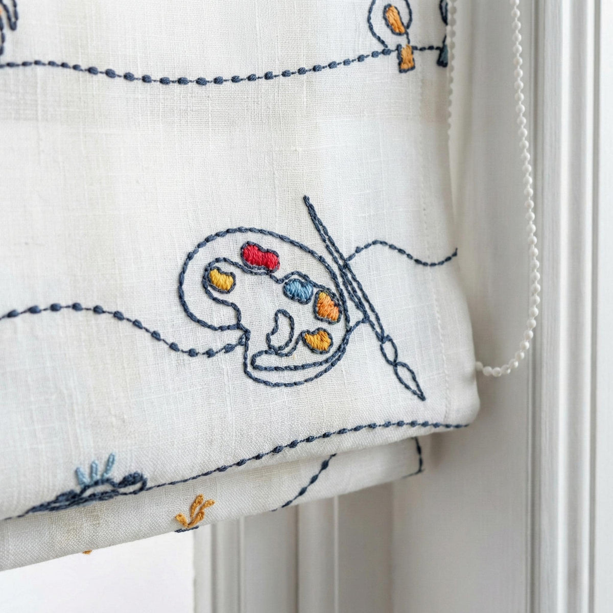 Paris Embroidered Linen Roman Shade, Bonjour Nursery Blind, Custom Corded Shade — image 4
