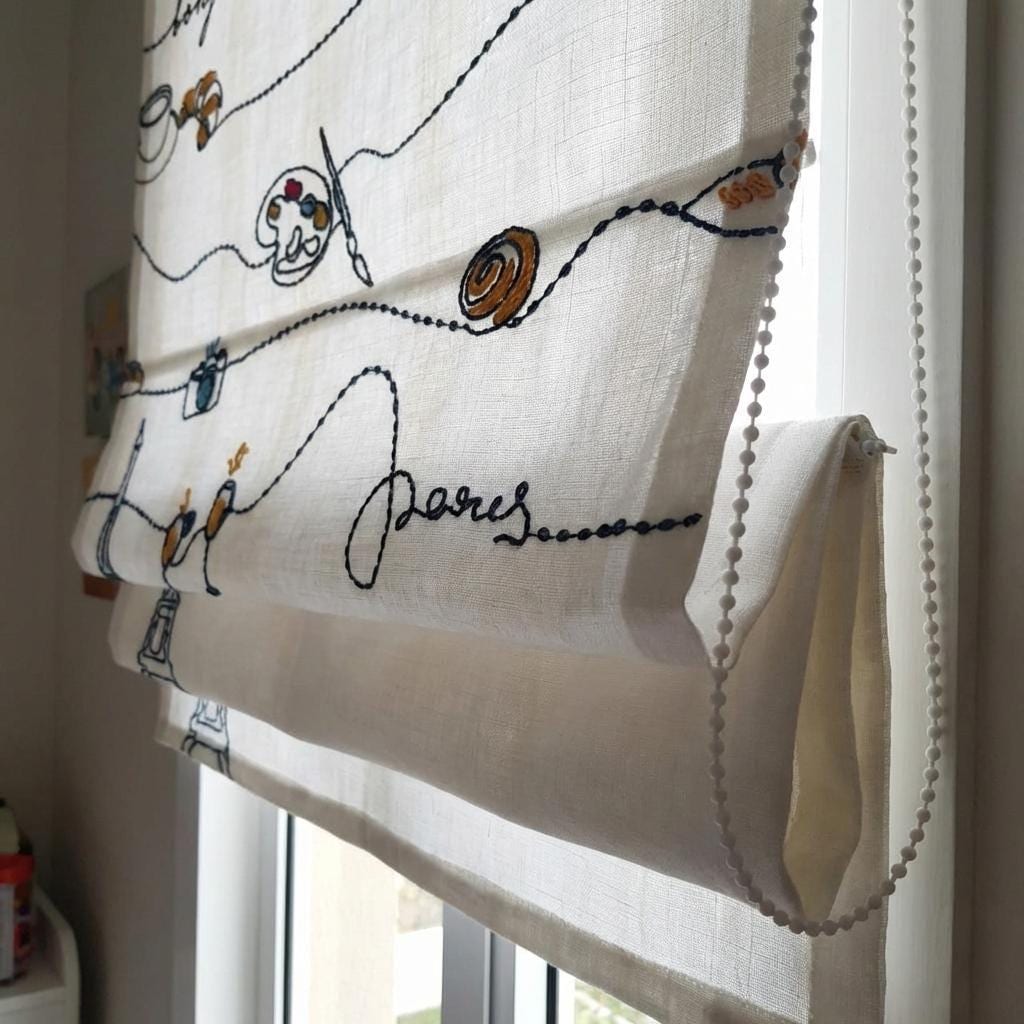 Paris Embroidered Linen Roman Shade, Bonjour Nursery Blind, Custom Corded Shade — image 8