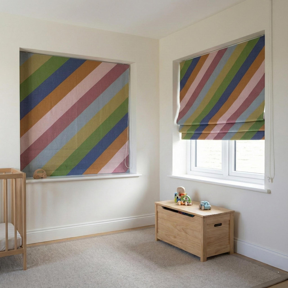 Rainbow Stripe Linen Roman Shade, Corded Nursery Blind, OEKO-TEX — image 9
