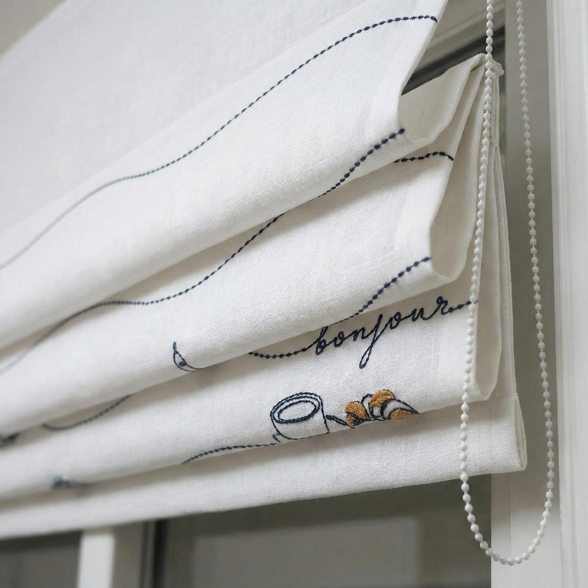 Paris Embroidered Linen Roman Shade, Bonjour Nursery Blind, Custom Corded Shade — image 10