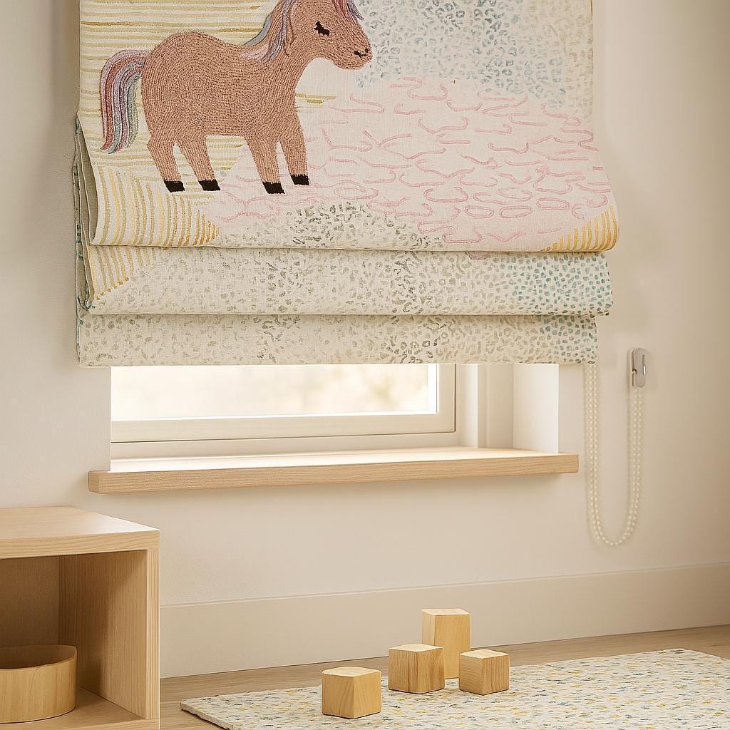 Unicorn Nursery Roman Shade: Pastel Embroidery, Custom Linen — image 2