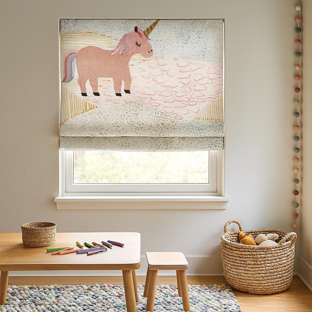 Unicorn Nursery Roman Shade: Pastel Embroidery, Custom Linen — image 4