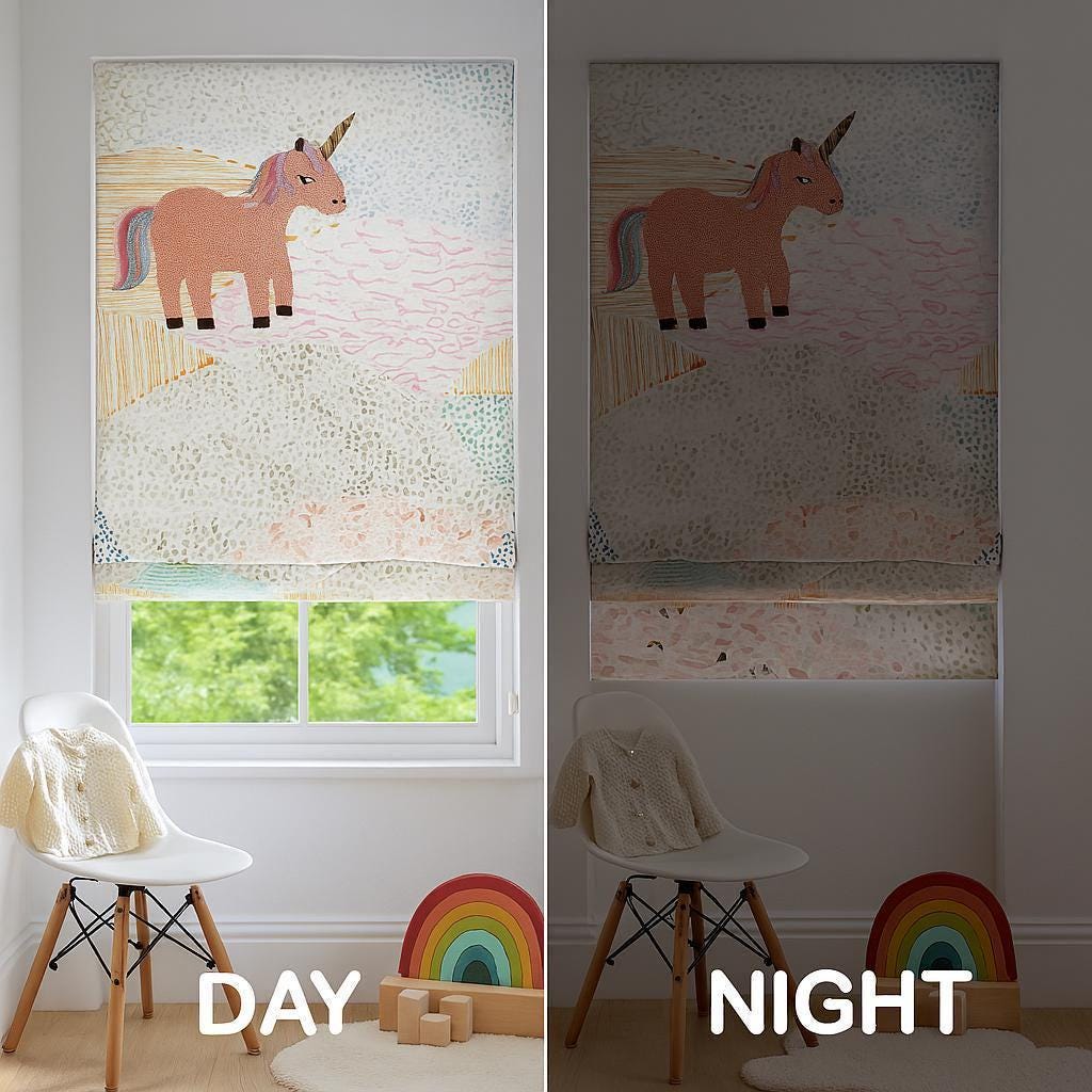 Unicorn Nursery Roman Shade: Pastel Embroidery, Custom Linen — image 6