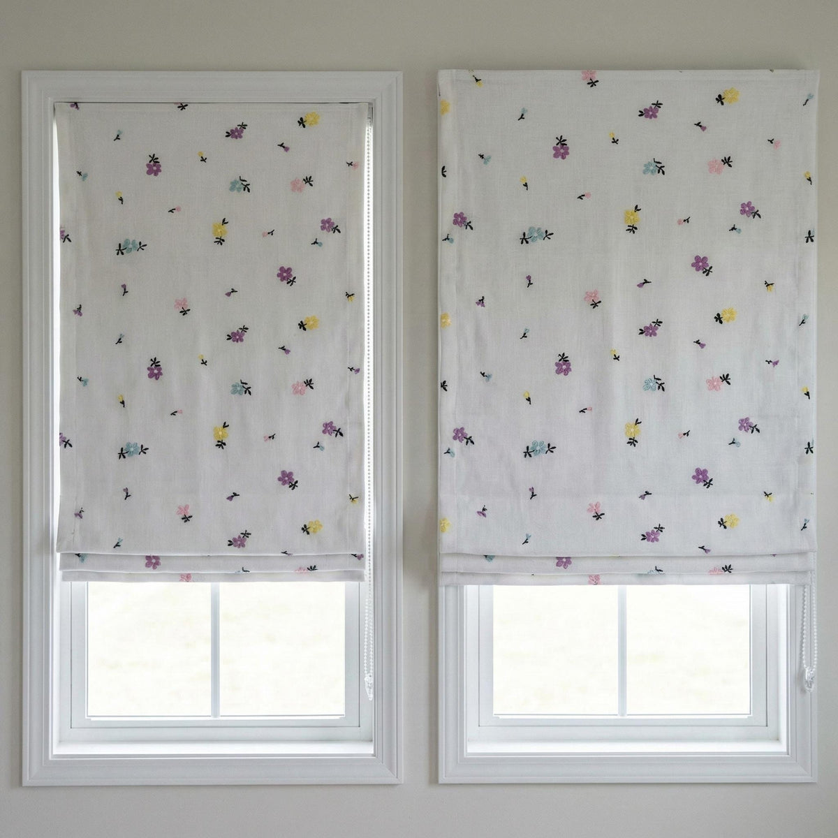 Soft White Linen Roman Shade, Pink Purple Embroidered Wildflower Nursery Blind, Custom Blackout or Light Filtering — image 3
