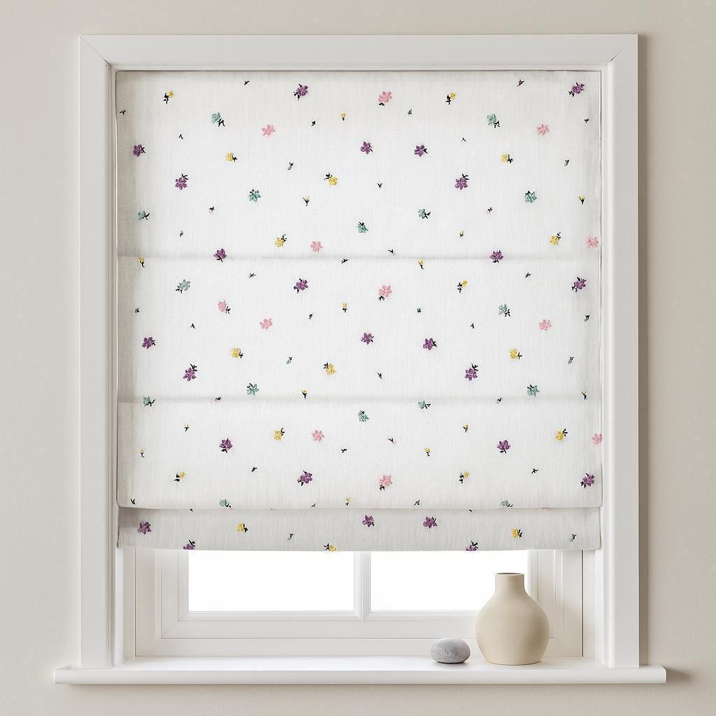 Soft White Linen Roman Shade, Pink Purple Embroidered Wildflower Nursery Blind, Custom Blackout or Light Filtering — image 4