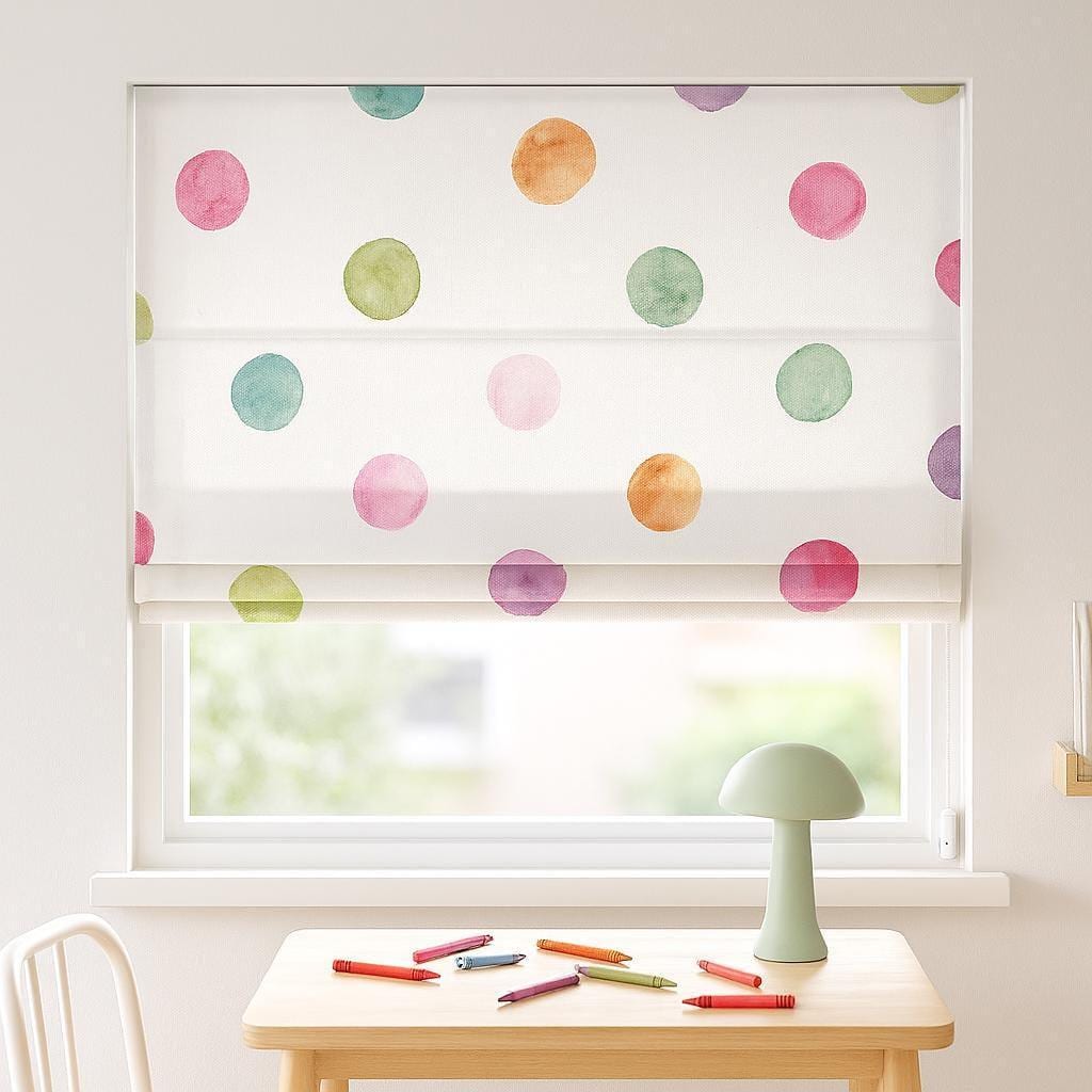 Roman Shade: Watercolor Polka Dot Linen - Custom Kids Nursery Blind — image 1