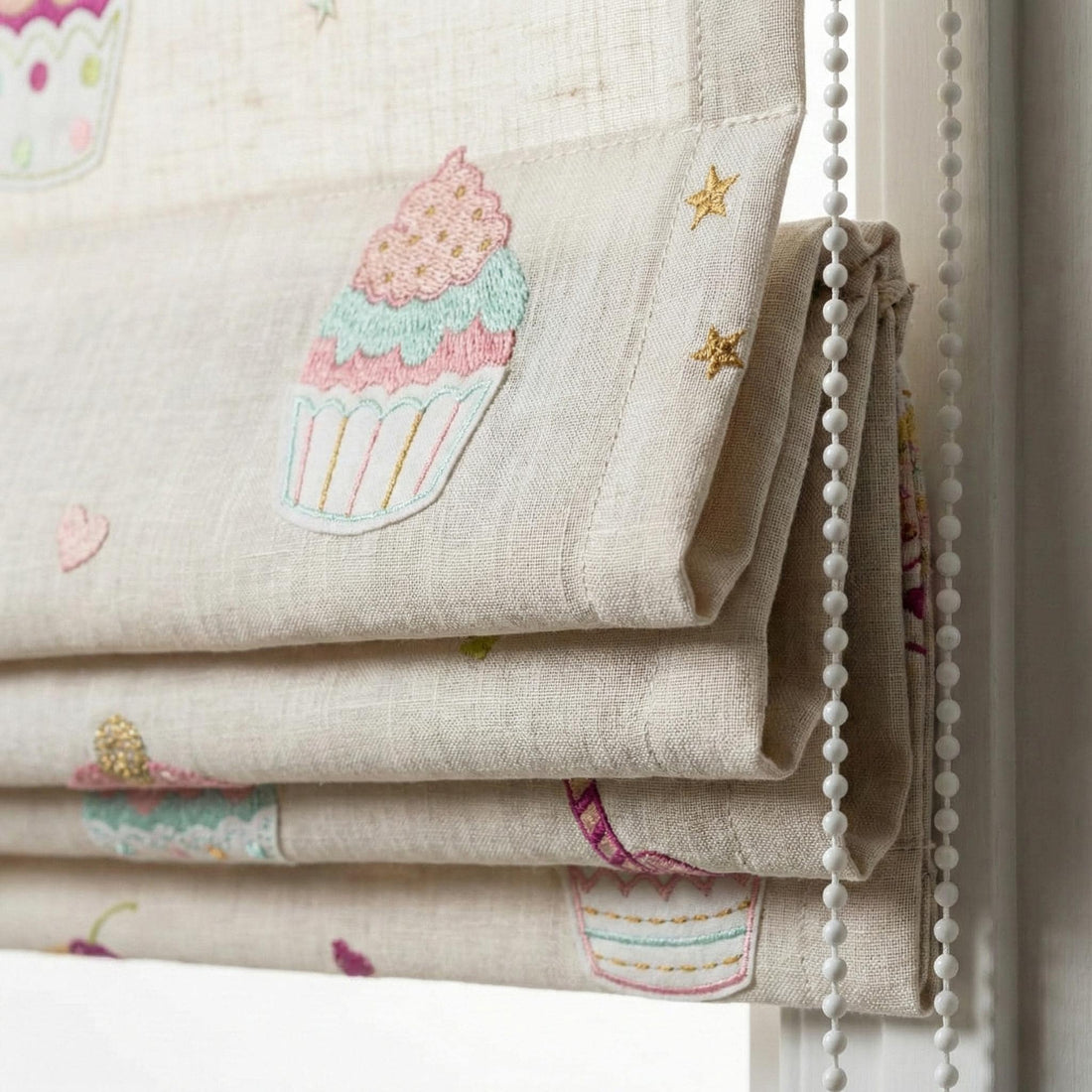 Cupcake Embroidered Linen Roman Shade, Nursery Corded Blind, Oeko-Tex — image 1