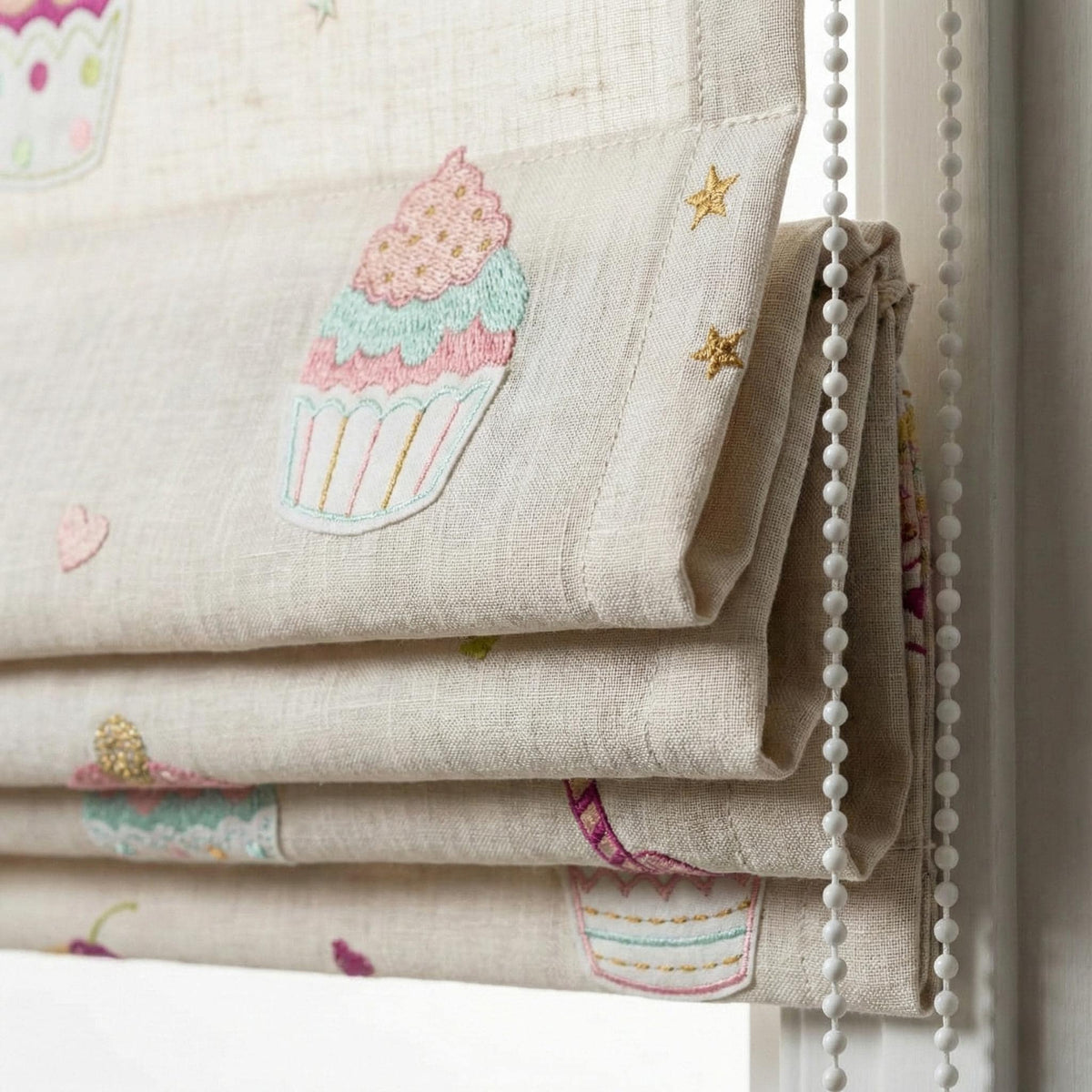 Cupcake Embroidered Linen Roman Shade, Nursery Corded Blind, Oeko-Tex — image 1