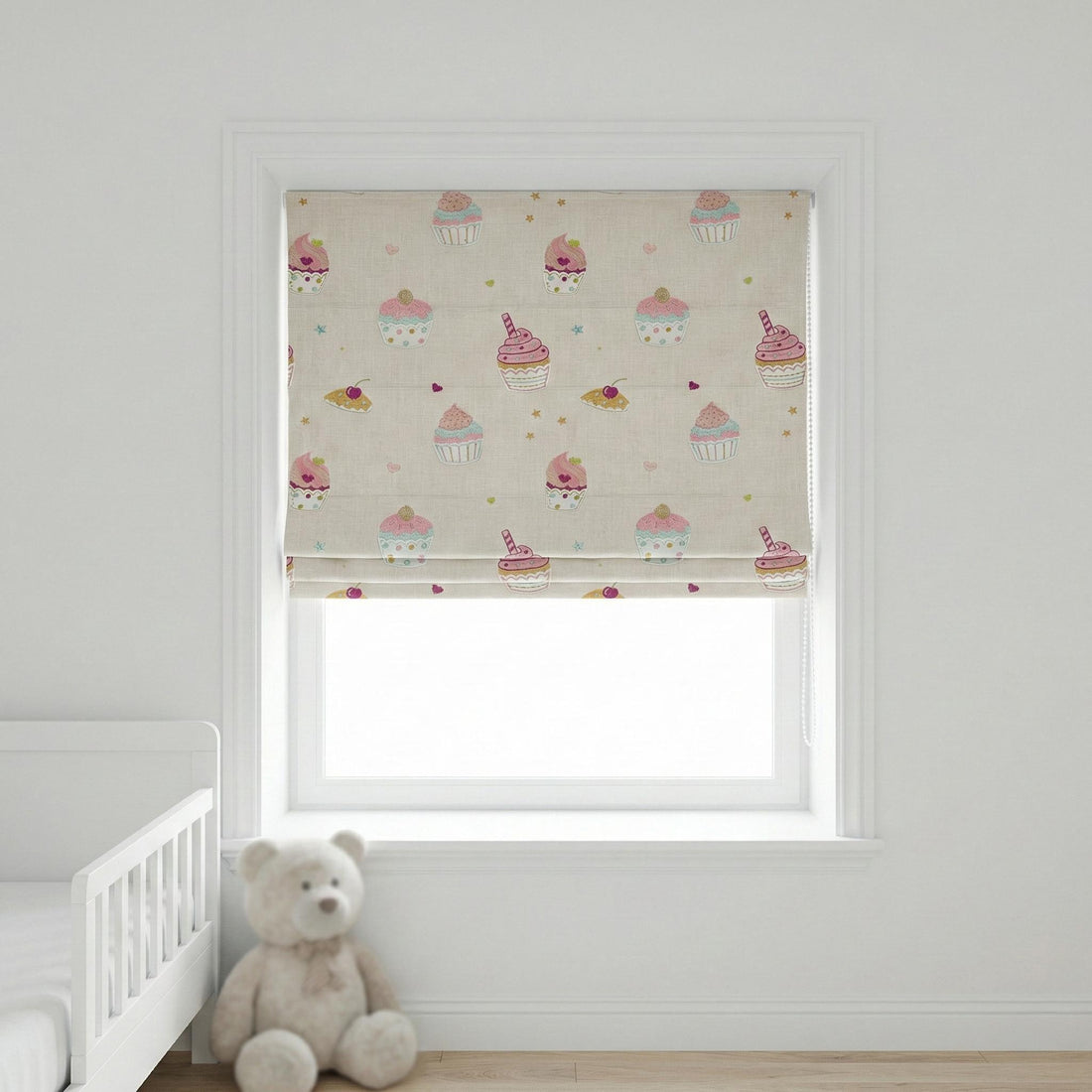 Cupcake Embroidered Linen Roman Shade, Nursery Corded Blind, Oeko-Tex — image 1