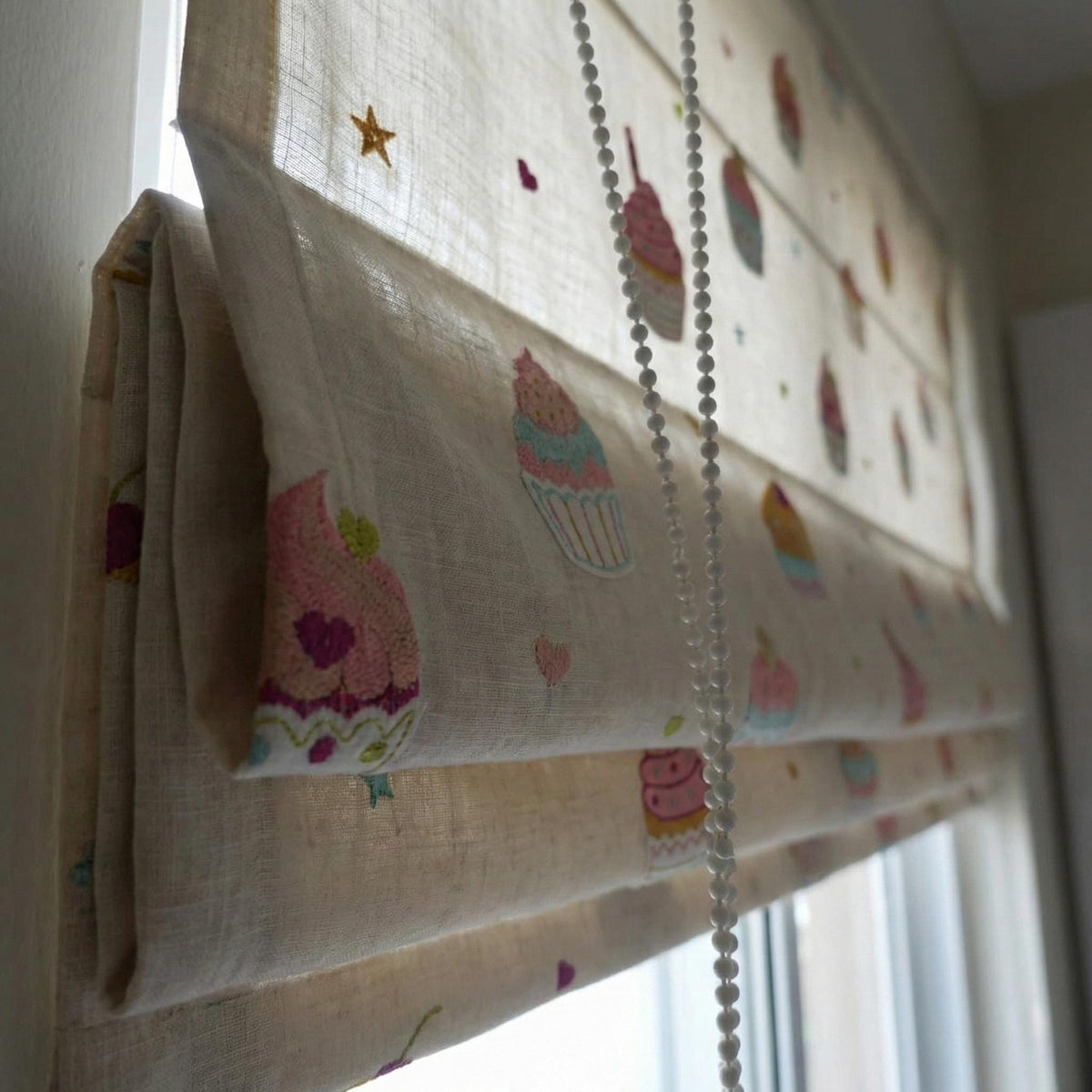 Cupcake Embroidered Linen Roman Shade, Nursery Corded Blind, Oeko-Tex — image 3