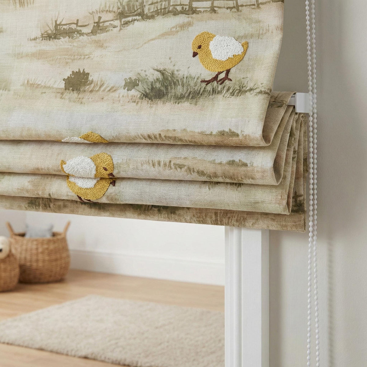 Embroidered Linen Roman Shade, Farmhouse Nursery Chick Blind, Custom Size — image 4