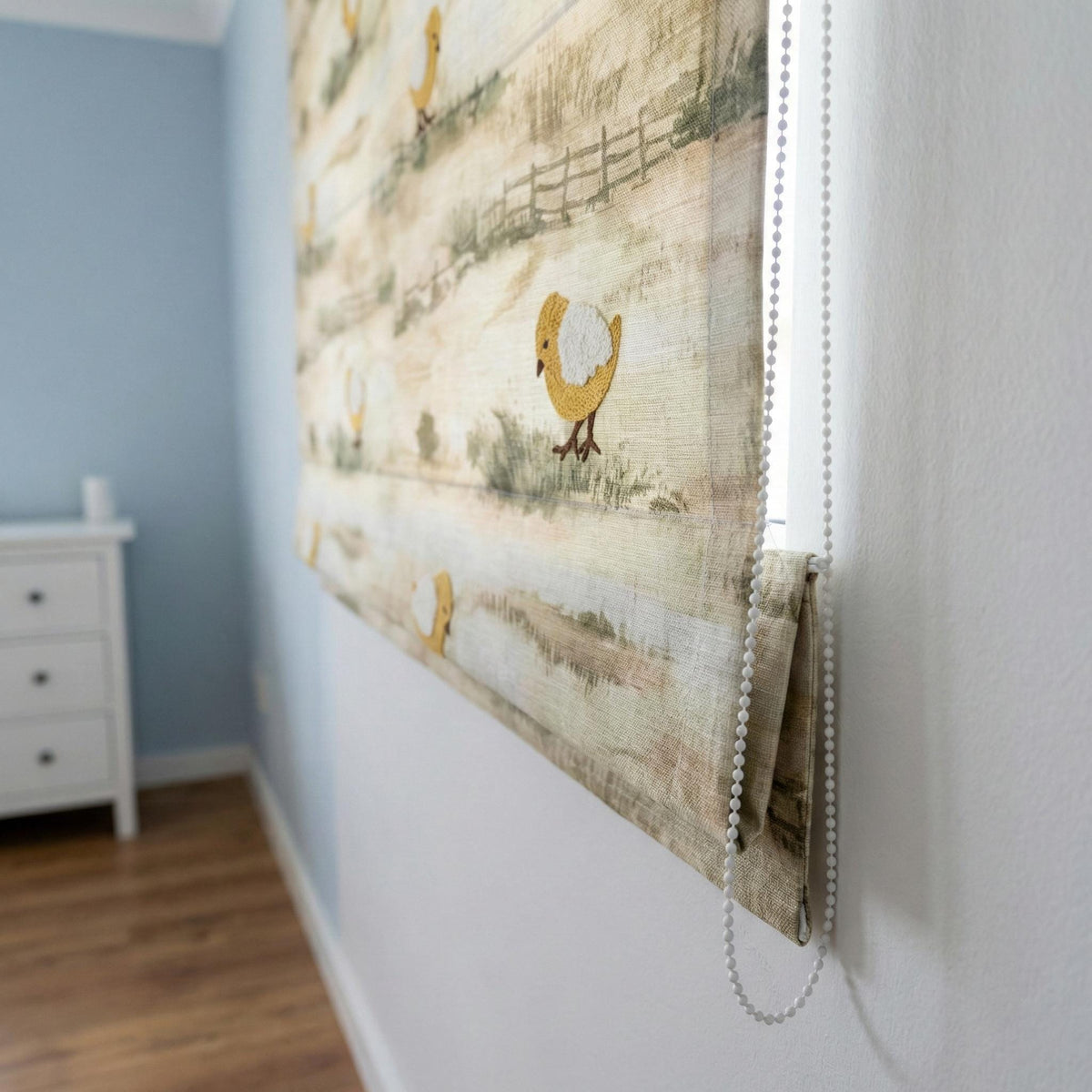 Embroidered Linen Roman Shade, Farmhouse Nursery Chick Blind, Custom Size — image 5