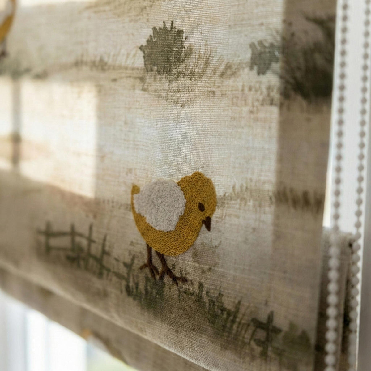 Embroidered Linen Roman Shade, Farmhouse Nursery Chick Blind, Custom Size — image 7