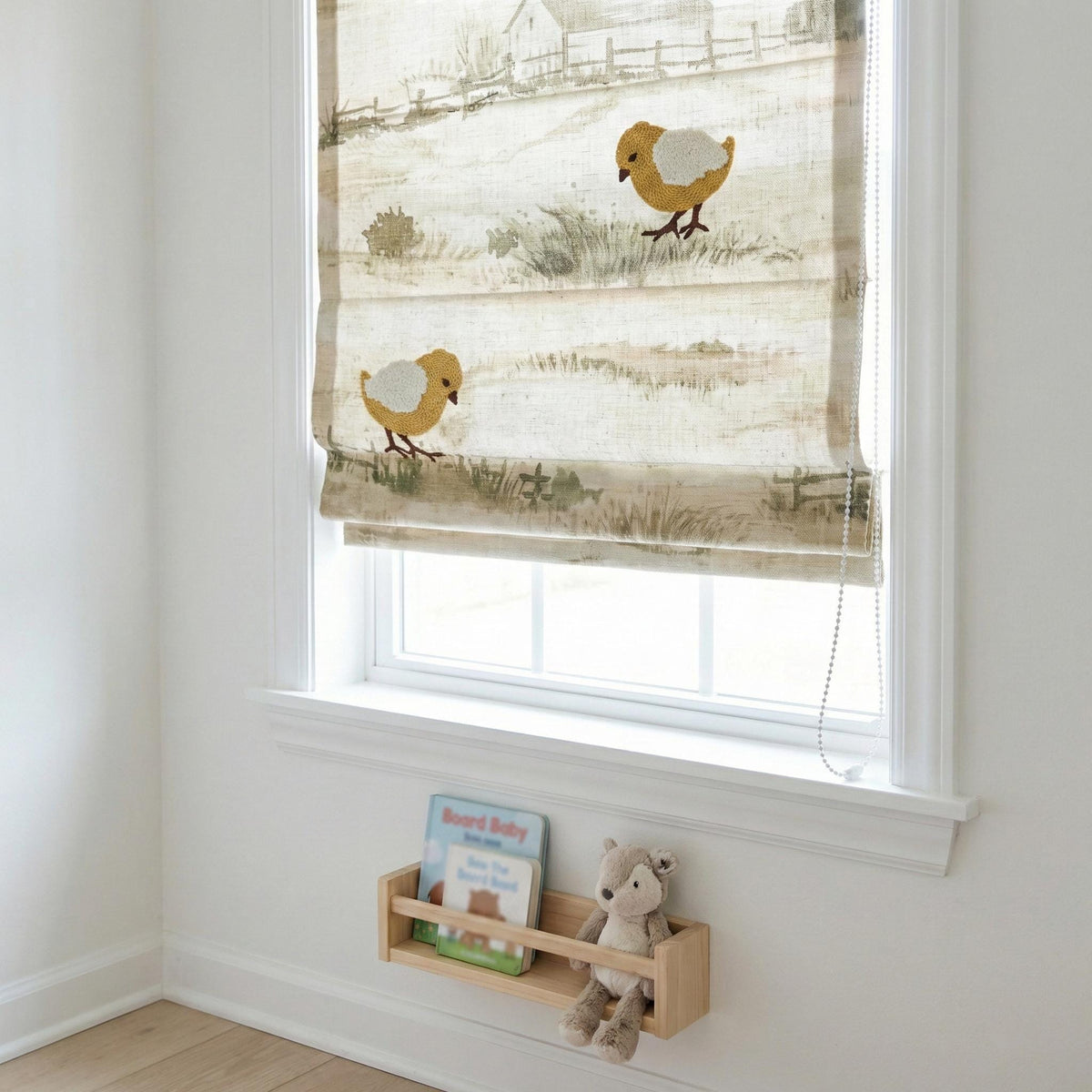 Embroidered Linen Roman Shade, Farmhouse Nursery Chick Blind, Custom Size — image 8