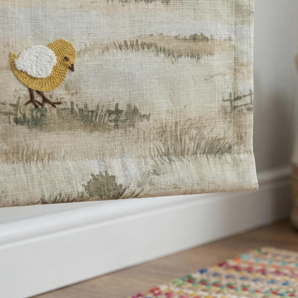 Embroidered Linen Roman Shade, Farmhouse Nursery Chick Blind, Custom Size — image 9