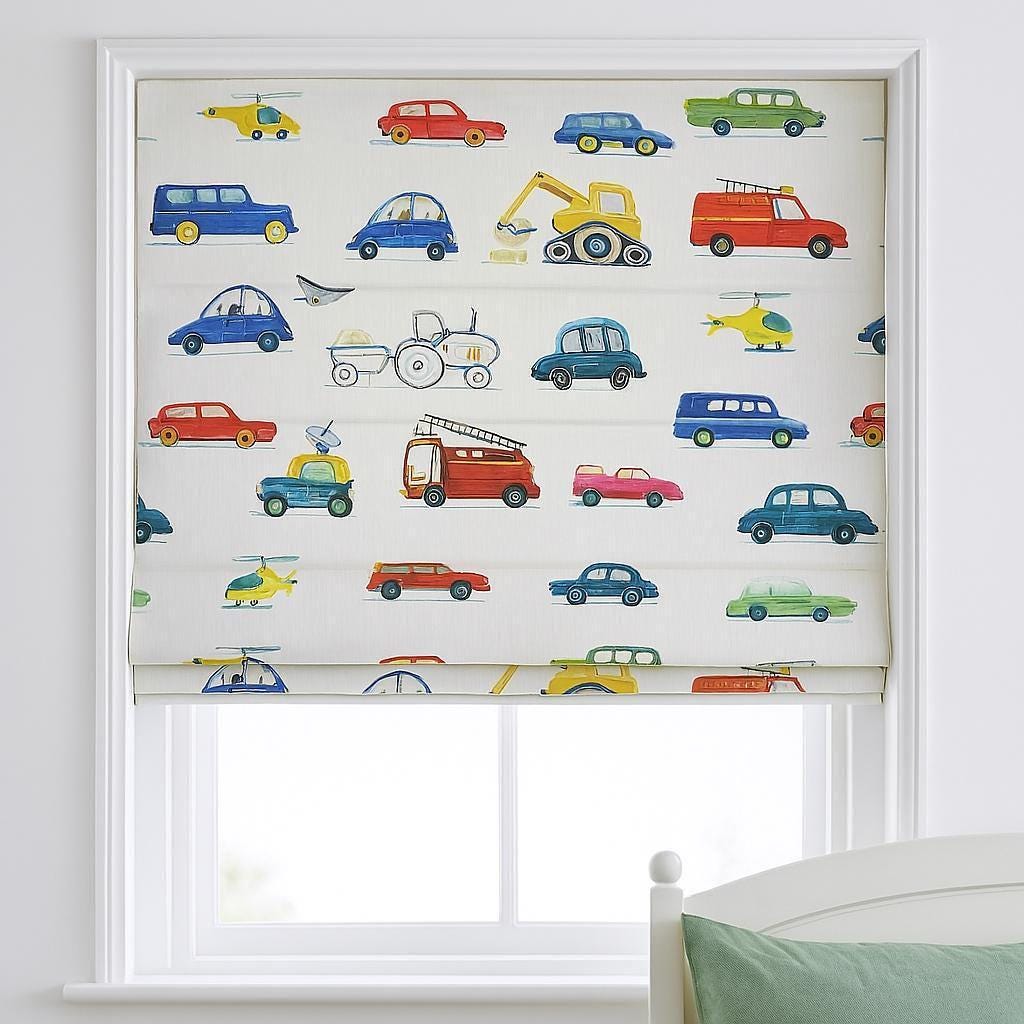 Roman Blind: Organic Linen with Cars and Trucks - Custom Size — image 3