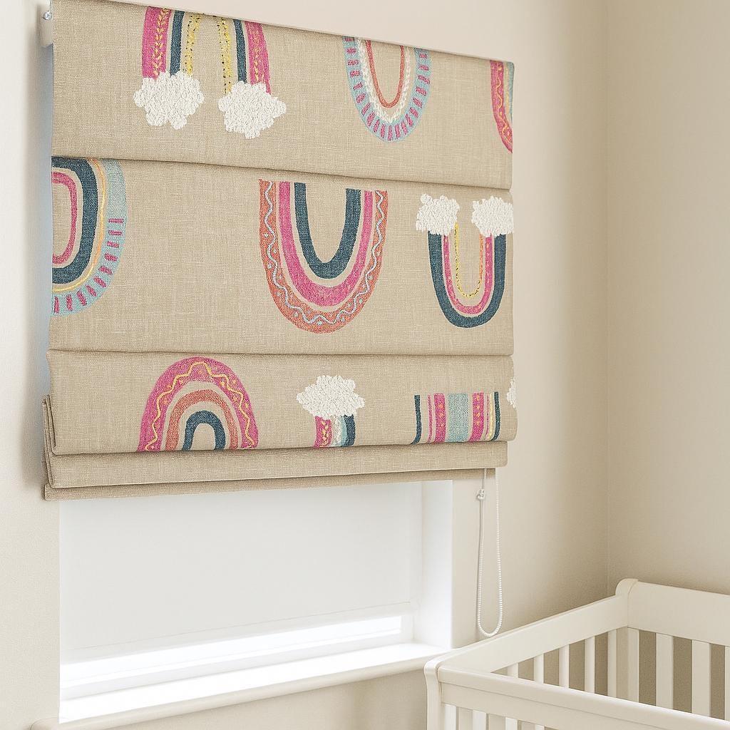 Embroidered Rainbow Roman Shade: Natural Linen, Custom Corded — image 1