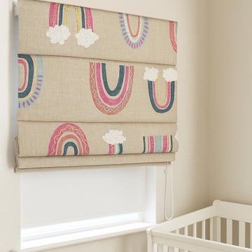 Embroidered Rainbow Roman Shade: Natural Linen, Custom Corded — image 1