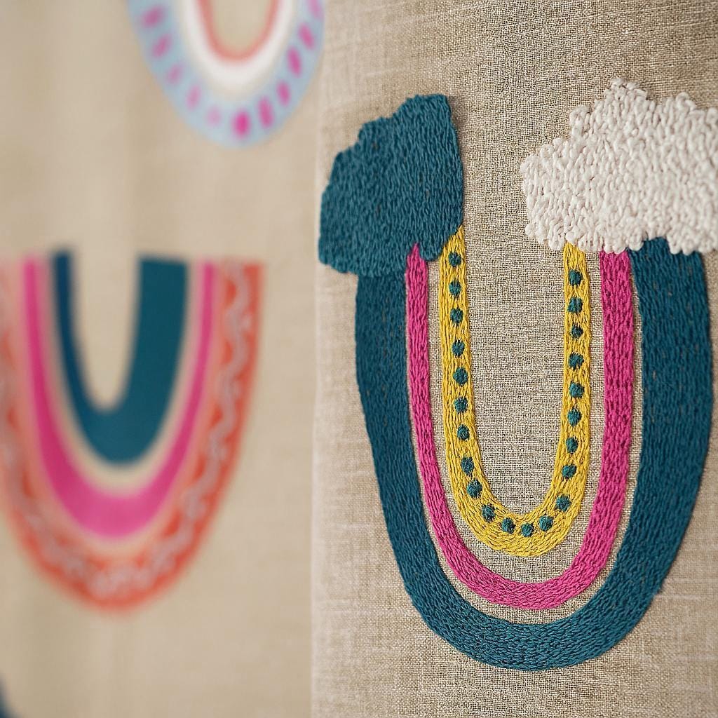 Embroidered Rainbow Roman Shade: Natural Linen, Custom Corded — image 2