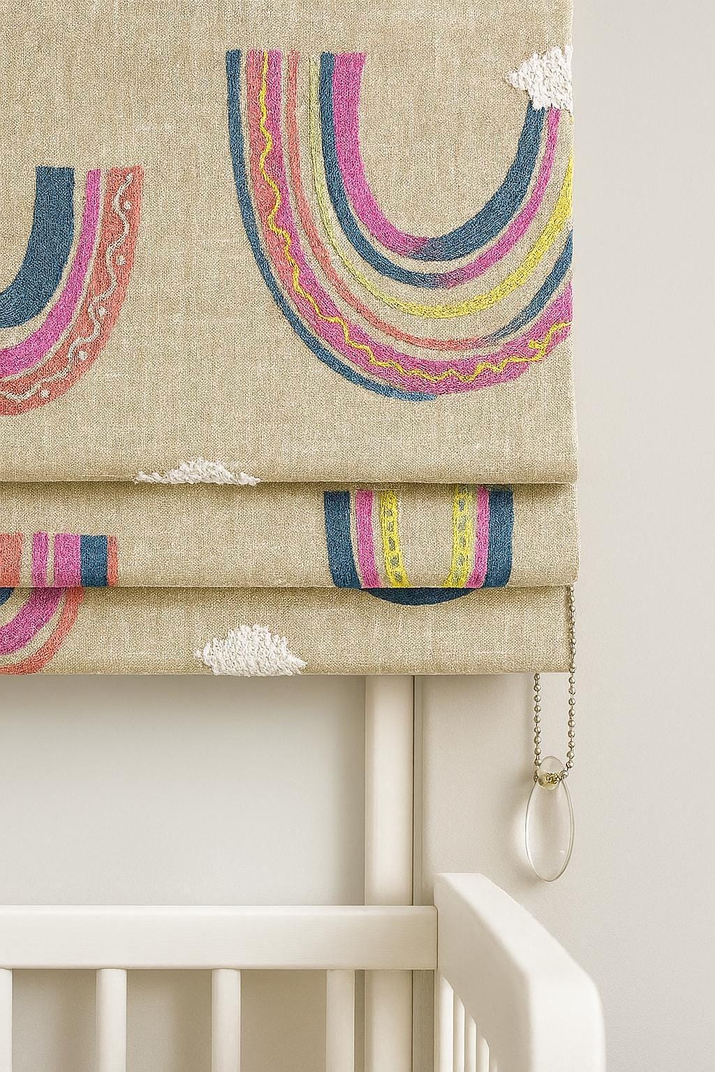 Embroidered Rainbow Roman Shade: Natural Linen, Custom Corded — image 4