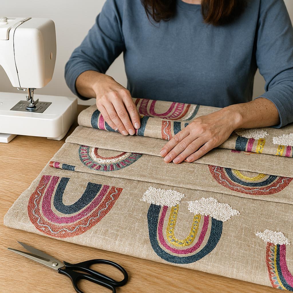 Embroidered Rainbow Roman Shade: Natural Linen, Custom Corded — image 5