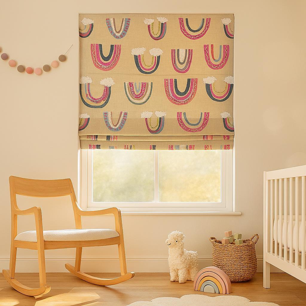 Embroidered Rainbow Roman Shade: Natural Linen, Custom Corded — image 6
