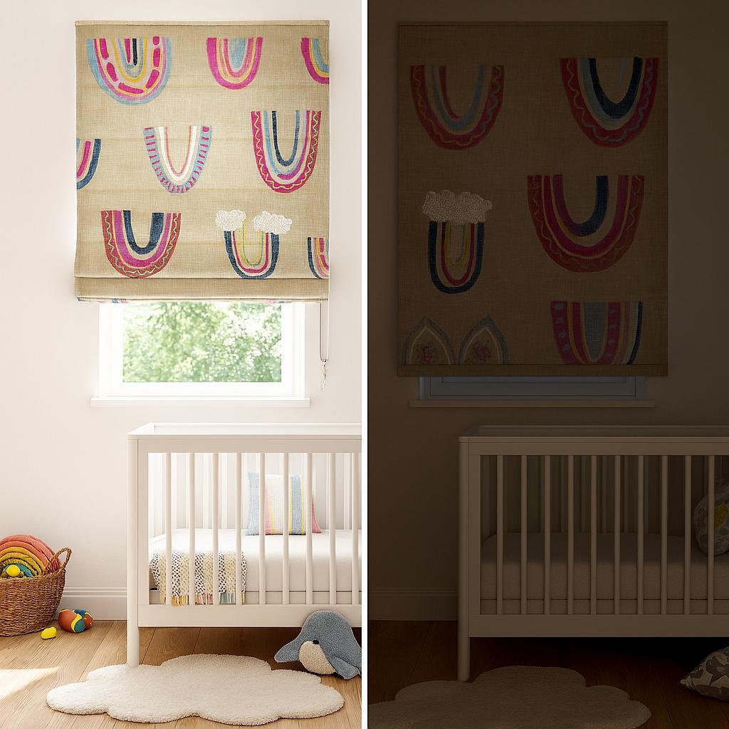 Embroidered Rainbow Roman Shade: Natural Linen, Custom Corded — image 7