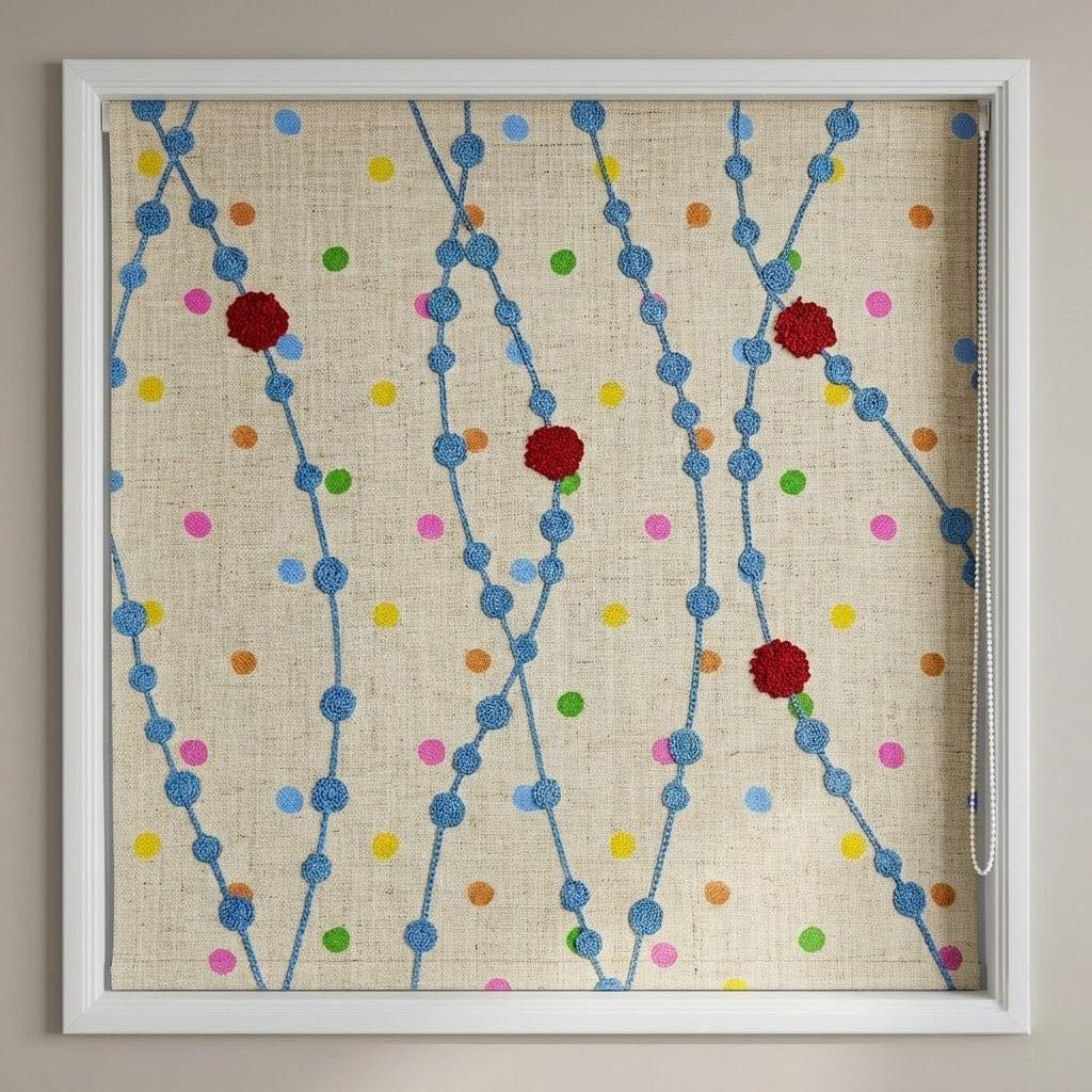 Handmade Linen Roman Shade, Blue Vine & Confetti Dot Embroidery, Nursery Blind — image 1