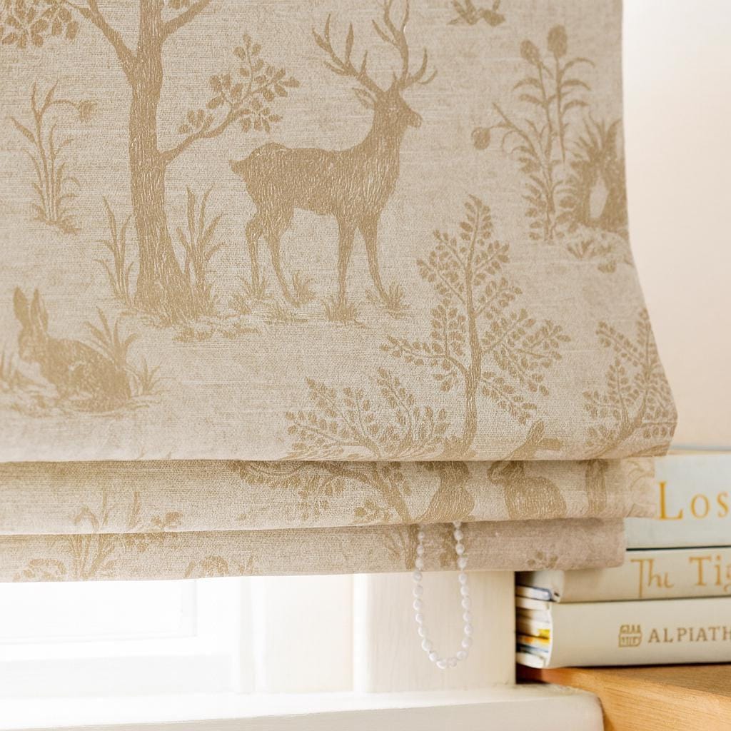 Nursery Roman Shade, Organic Linen, Beige Woodland Deer (Light-Filtering or Blackout) — image 1