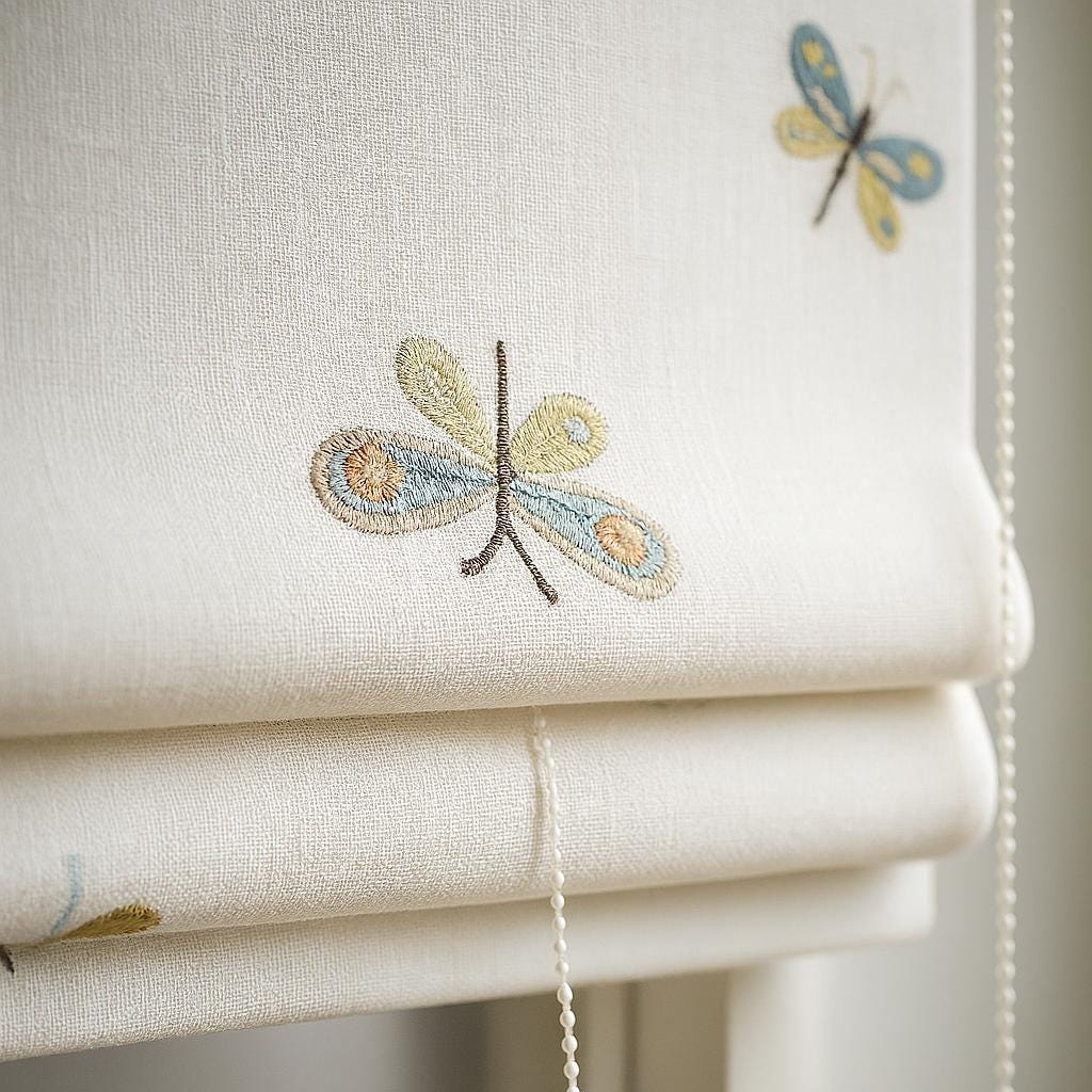 Embroidered Dragonfly Roman Shade: Organic Linen for Kids’ Rooms — image 1