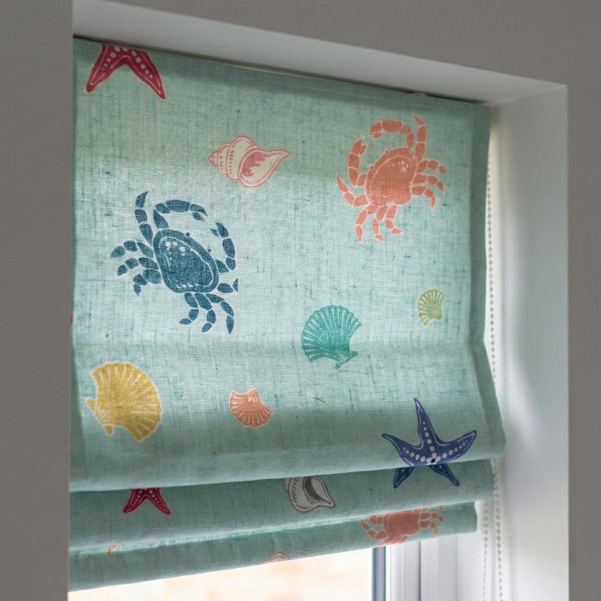 Roman Shade: Aqua Sea Life Print - Organic Linen, Blackout Option — image 1
