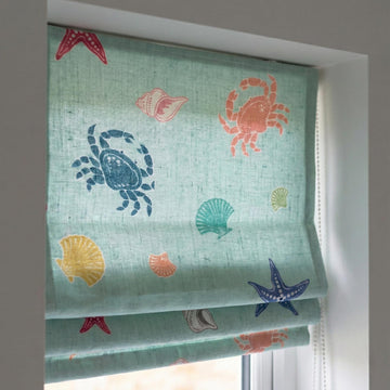Roman Shade: Aqua Sea Life Print - Organic Linen, Blackout Option — image 1