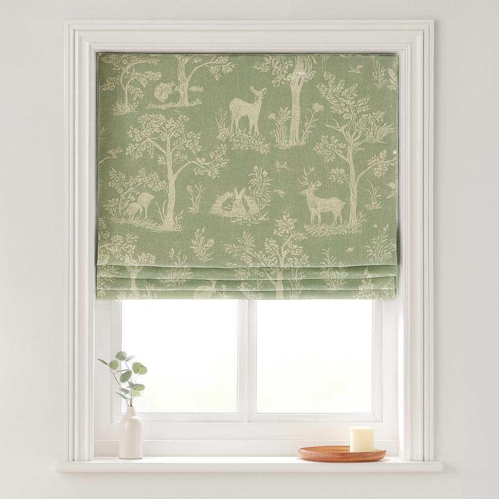 Kids Roman Shade, Sage Green Linen, Woodland Animals (Custom Size) — image 3
