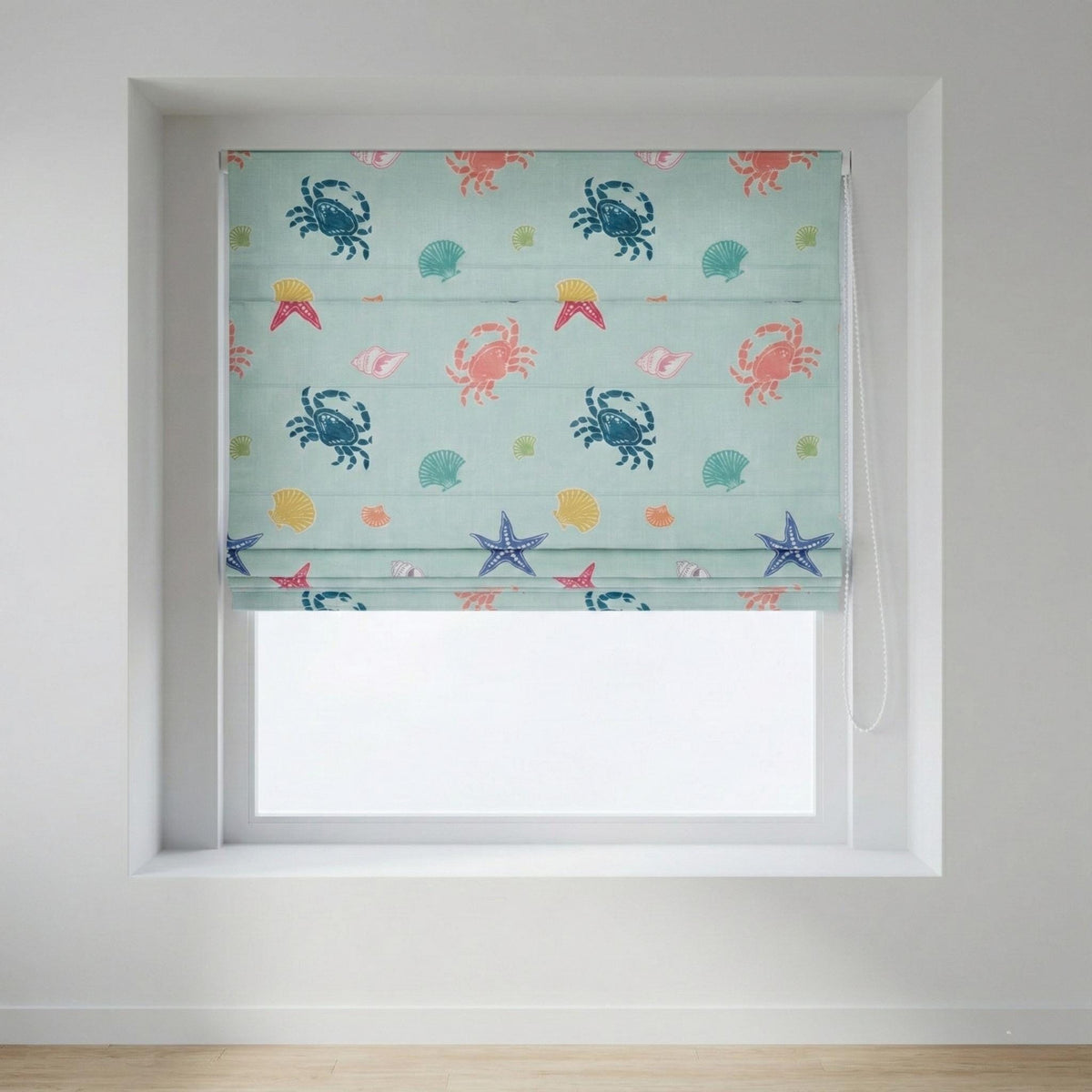 Roman Shade: Aqua Sea Life Print - Organic Linen, Blackout Option — image 7