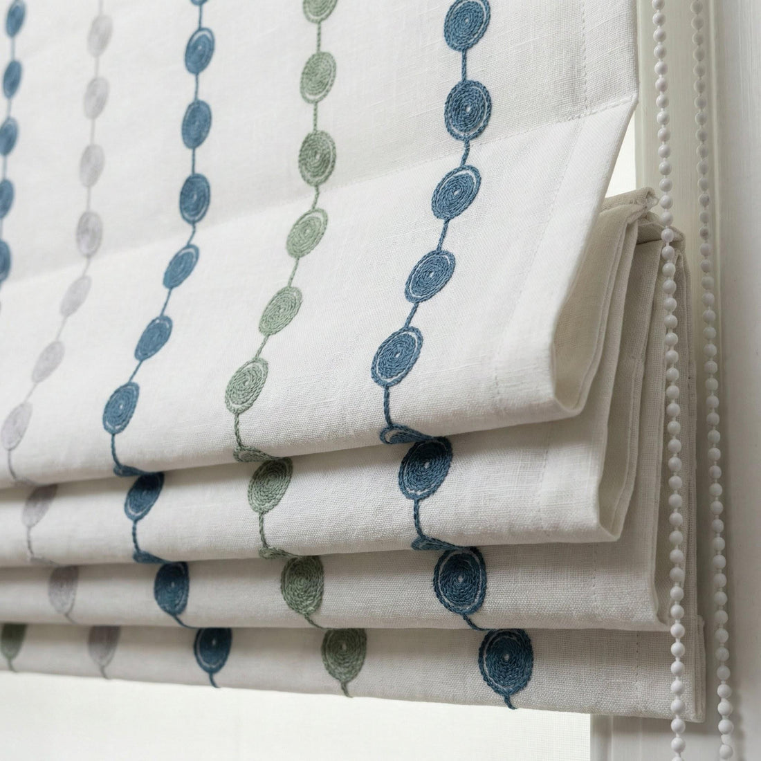 Embroidered Linen Roman Shade, Blue Green Dot Chain, Nursery Window Blind — image 1
