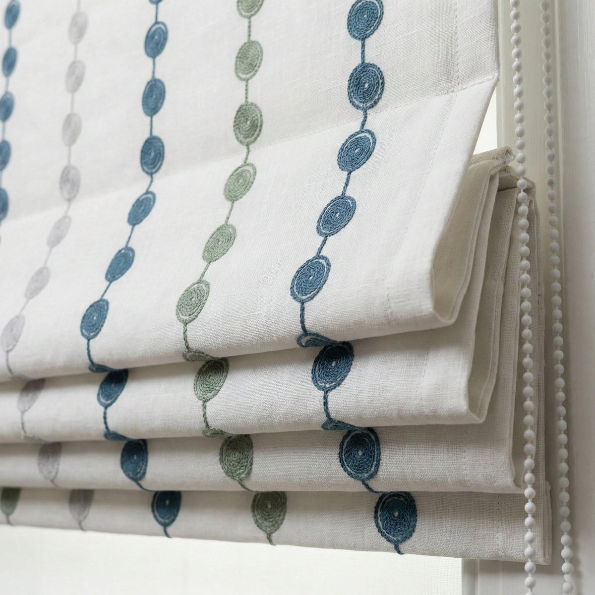Embroidered Linen Roman Shade, Blue Green Dot Chain, Nursery Window Blind — image 1