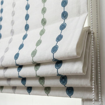 Embroidered Linen Roman Shade, Blue Green Dot Chain, Nursery Window Blind — image 1