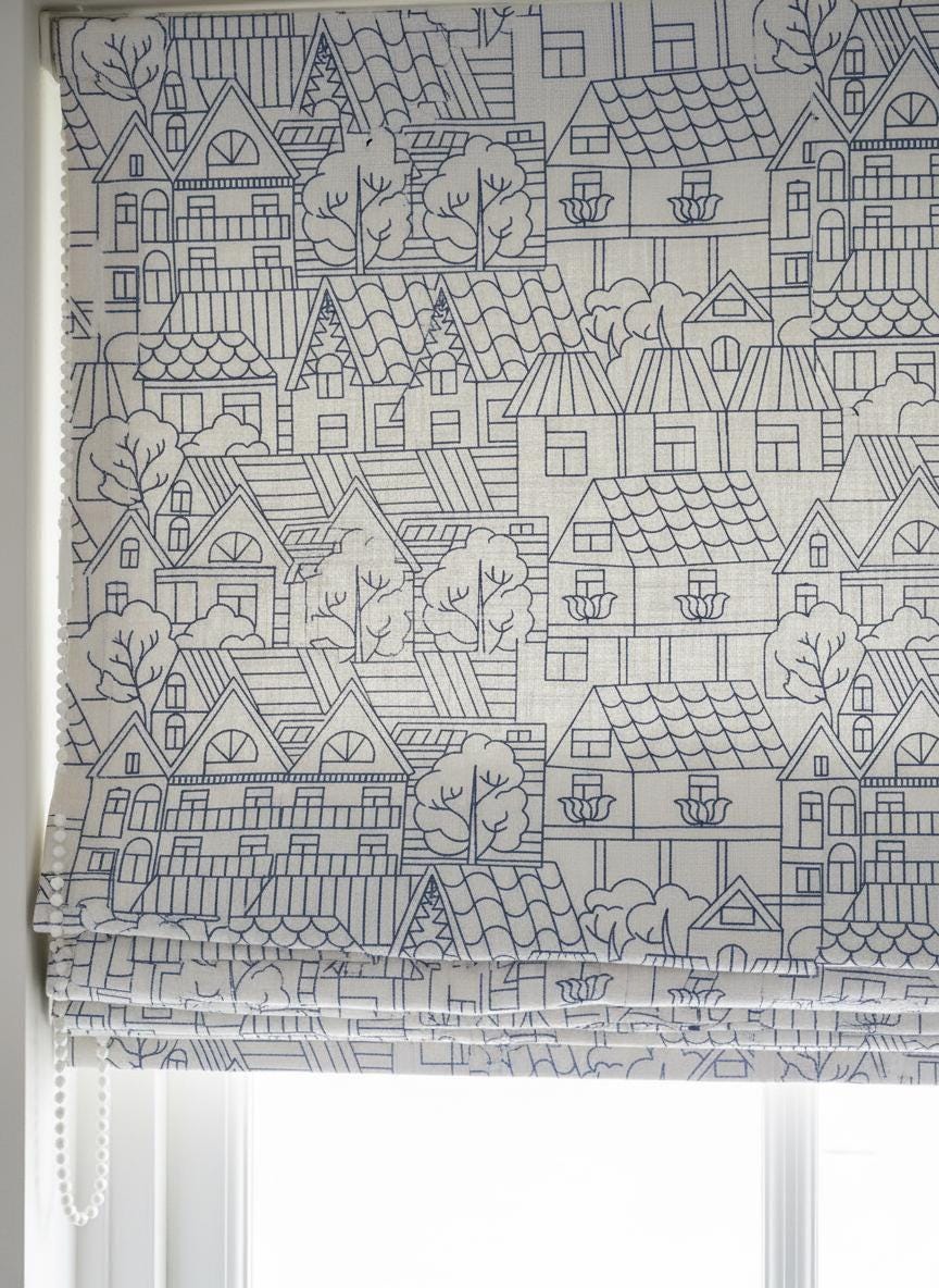 Roman Shade: Kids Navy House Embroidery on Linen (Custom Sizes, Liner Choices) — image 1